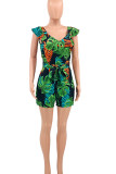Green Casual Print Patchwork V Neck Straight Rompers