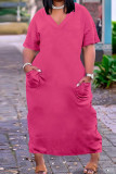 Vestido Rosa Moda Casual Plus Size Sólido Bolso Gola V Manga Curta