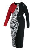 Svart Mode Casual Print Leopard Patchwork med Bälte O-hals Långärmad Plus Size Klänningar