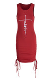 Rose Red Casual Print Bandage Patchwork Fold O Neck One Step Skirt Dresses