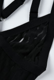 ブラックファッションセクシーなソリッドパッチワークシースルーバックレスVネックスリングドレス