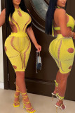 Yellow Sexy Solid Hollowed Out Patchwork O Neck Skinny Rompers
