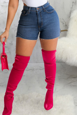 Blue Fashion Casual Solid Slit High Waist Regular Denim Shorts
