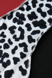 Svart Mode Casual Print Leopard Patchwork med Bälte O-hals Långärmad Plus Size Klänningar