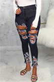 Babyblauwe mode casual effen gescheurde patchwork hoge taille skinny denim jeans