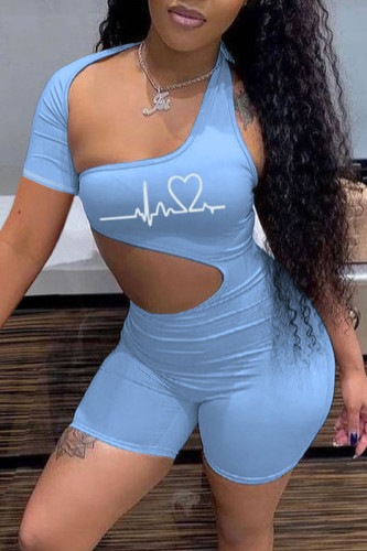 Blue Sexy Print Hollowed Out Split Joint Asymmetrical Asymmetrical Collar Regular Jumpsuits