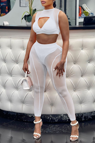 White Sexy Solid Split Joint See-through O Neck Sleeveless Two Pieces