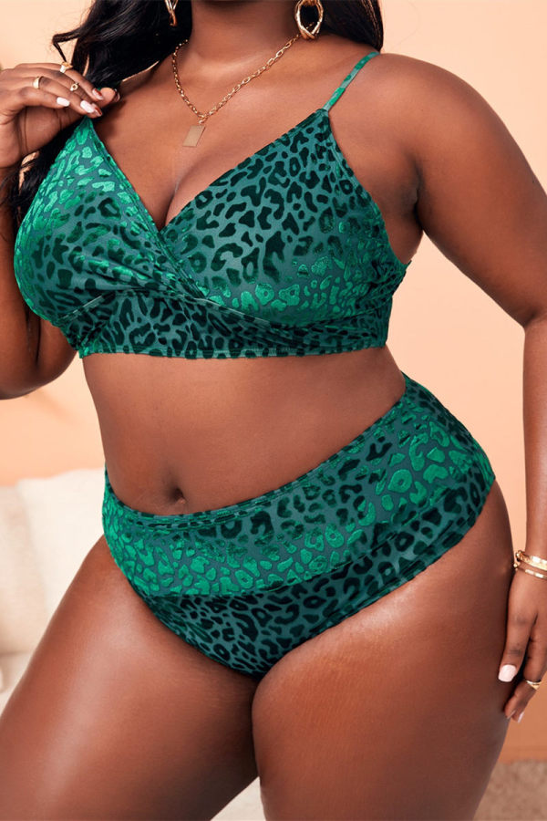 Traje de baño de talla grande con cuello en V sin espalda de patchwork de leopardo sexy de moda verde (con rellenos)