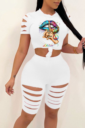 White Sexy Print Ripped Patchwork O Neck Short Sleeve Two Pieces