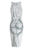 Weiß Sexy Print Patchwork U-Ausschnitt Weste Kleid Kleider