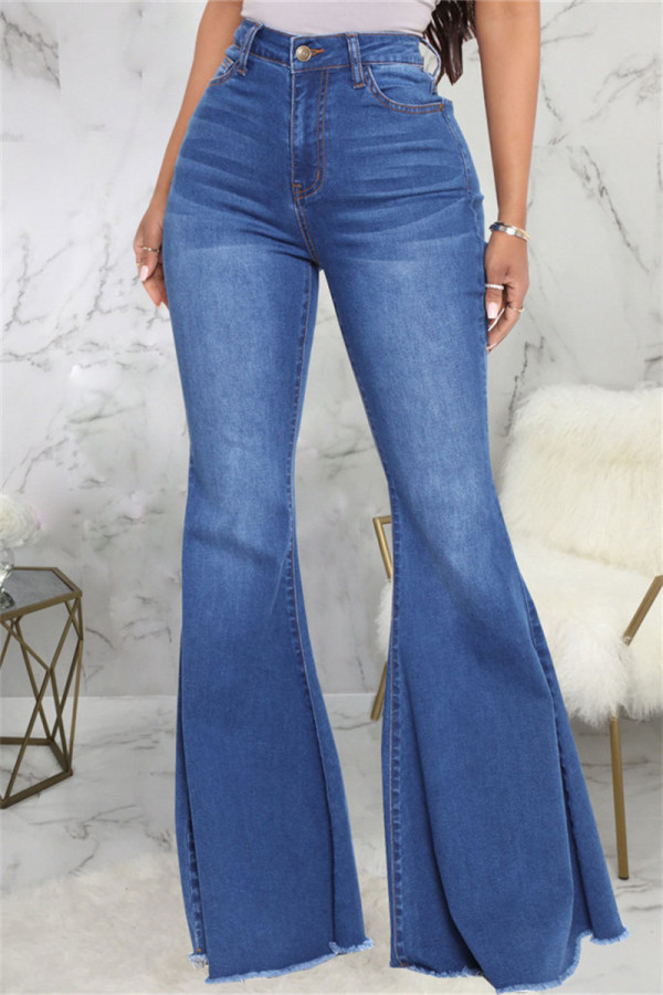 Dunkelblaue, modische, lässige, solide Patchwork-Jeans mit hoher Taille und Bootcut-Denim
