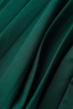 グリーン カジュアル ソリッド パッチワーク フォールド O ネック ストレート ドレス