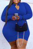 ブルーファッションカジュアルソリッドベーシックジッパーカラー長袖プラスサイズのドレス