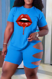 Black Fashion Casual Lips Printed Ripped Hollowed Out O Neck Plus Size Two Pieces