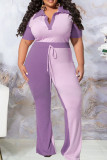 Purple Fashion Casual Solid Patchwork Turndown Collar Plus Size Two Pieces