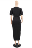 ブラックファッションカジュアルソリッドパッチワークVネック半袖ドレス