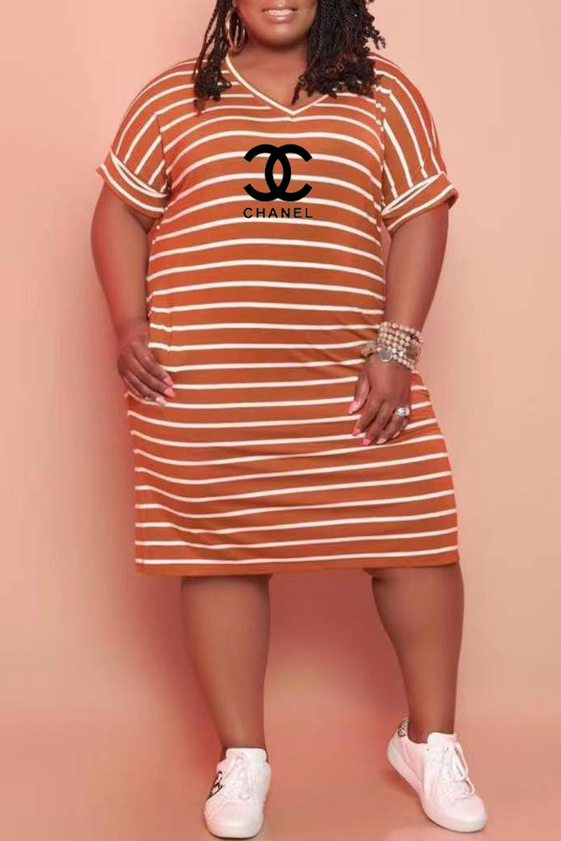 

Brown Fashion Casual Striped Letter V Neck Straight Plus Size Dresses