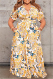 Earth Yellow Fashion Casual Print Bandage V-hals Plus Size Two Pieces