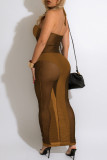 Vestidos de falda de un paso con tirantes finos transparentes, color marrón, sexy, de retales lisos