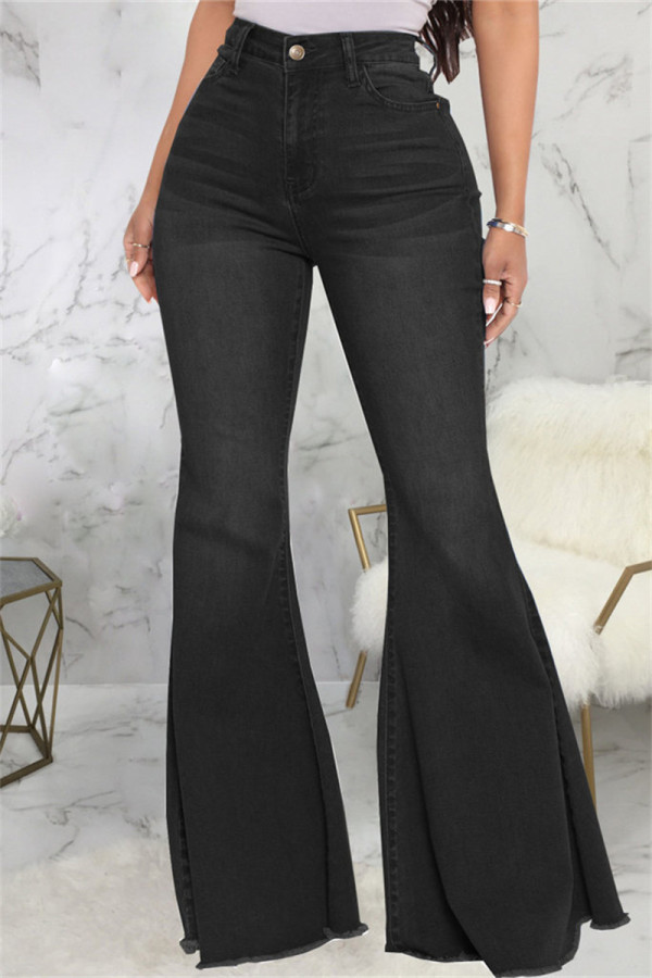 Moda preta casual sólido patchwork cintura alta corte bota jeans jeans