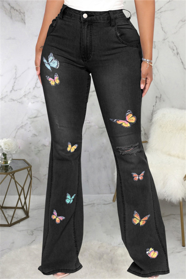 Zwarte modieuze casual jeans met geborduurde gescheurde hoge taille, normale denim