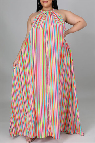 Red Fashion Casual Plus Size Striped Print Backless O Neck Sleeveless Dress