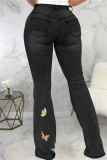 Black Fashion Casual Embroidery Ripped High Waist Regular Flare Leg Denim Jeans