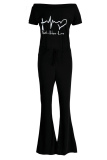 Svarta modetryckta lapptäcken Jumpsuits med en axel-stövelsnitt