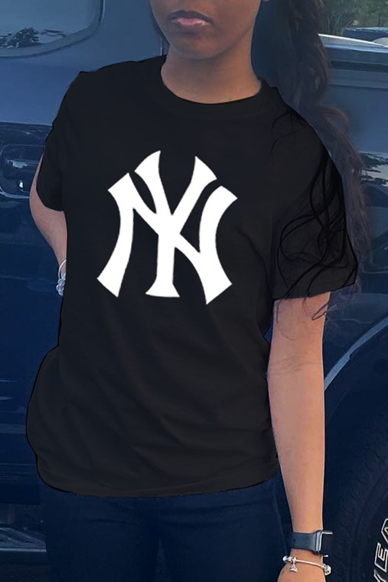 

Black Fashion Casual Print Letter O Neck T-Shirts