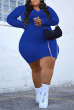 Blue Fashion Casual Solid Basic Zipper Collar Long Sleeve Plus Size Dresses