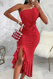 Rode mode effen volant een schouder onregelmatige jurk Jurken