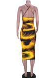 ゴールド ファッション セクシー プリント バックレス スパゲッティ ストラップ ノースリーブ ドレス ドレス