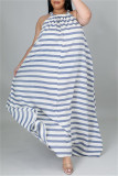 White Fashion Casual Plus Size Striped Print Backless O Neck Sleeveless Dress