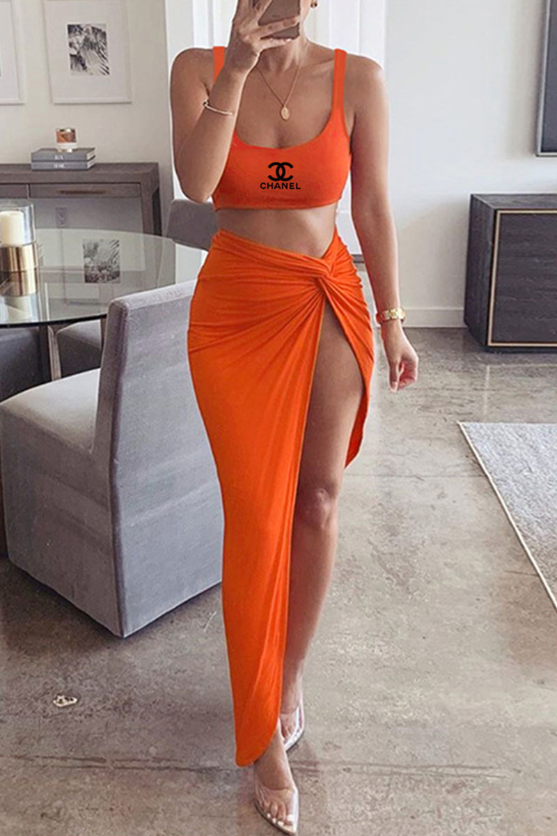 

Orange Fashion Sexy Print Split Joint U Neck Sleeveless Two Pieces