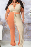 Orange Fashion Casual Solid Patchwork Turndown Collar Plus Size Two Pieces