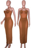 Brown Sexy Solid Patchwork See-through Spaghetti Strap One Step Skirt Dresses