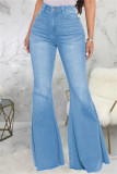 Mörkblått Mode Casual Solid Patchwork Hög midja Boot Cut denim jeans