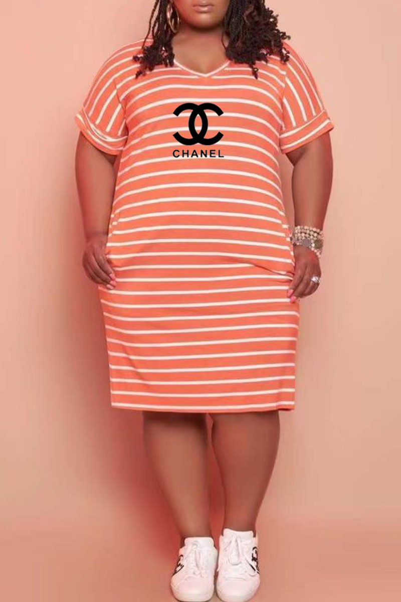 

Orange Fashion Casual Striped Letter V Neck Straight Plus Size Dresses