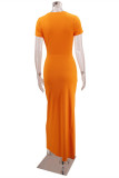 Apricot Fashion Casual Solid Draw String Frenulum Schlitz O-Ausschnitt Kurzarm Kleid Kleider
