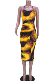 ゴールド ファッション セクシー プリント バックレス スパゲッティ ストラップ ノースリーブ ドレス ドレス