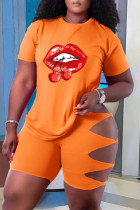 Oranje Mode Casual Lippen Bedrukt Gescheurd Uitgehold O-hals Plus Size Twee Stukken