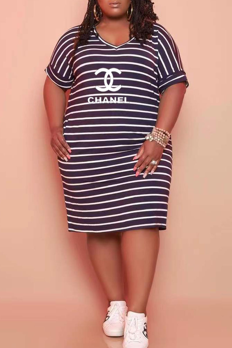 

Tibetan Blue Fashion Casual Striped Letter V Neck Straight Plus Size Dresses