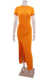Orange Fashion Casual Solid Draw String Frenulum Slit O Neck Short Sleeve Dress Dresses