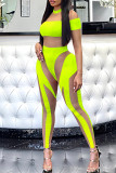 Tute skinny trasparenti con scollo a O trasparente alla moda verde fluorescente