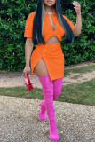 Оранжевый модный повседневный однотонный лоскутный отложной воротник с короткими рукавами из двух частей