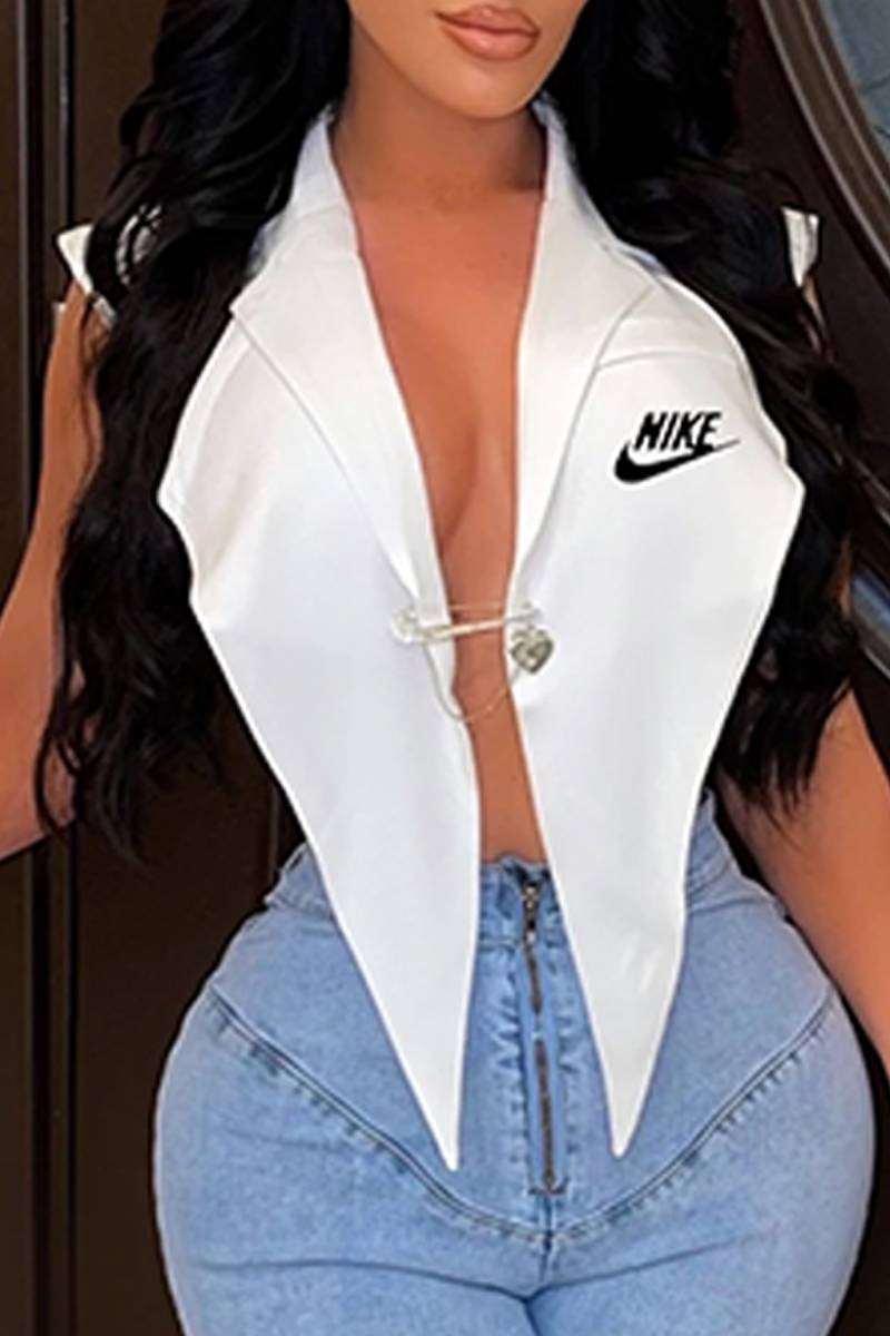 

White Fashion Sexy Print Asymmetrical Turndown Collar Tops