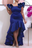 Blaue Mode Solid Volant Quadratischer Kragen Unregelmäßiges Kleid Plus Size Kleider