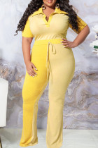 Yellow Fashion Casual Solid Patchwork Turndown Collar Plus Size Two Pieces