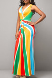 Robes droites multicolores sexy à rayures imprimées patchwork col en V