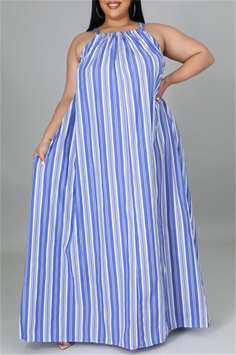 Light Blue Fashion Casual Plus Size Striped Print Backless O Neck Sleeveless Dress